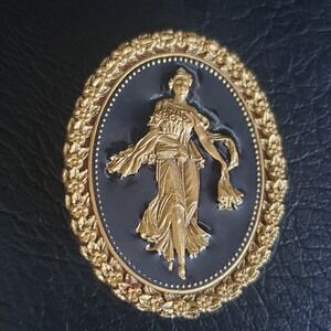 Victorian‎ Revival Woman Signed SPNEA Black Enamel Detailed Gold Tone Brooch